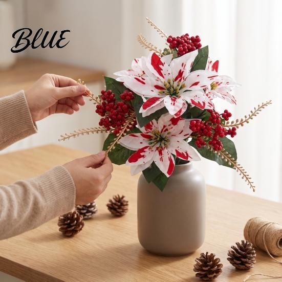 Red Petal Holiday Floral Decor Christmas Artificial Flowers, Faux Poinsettia Stems with Berries & Maintenance Free Seasonal Plants Pine Branches,