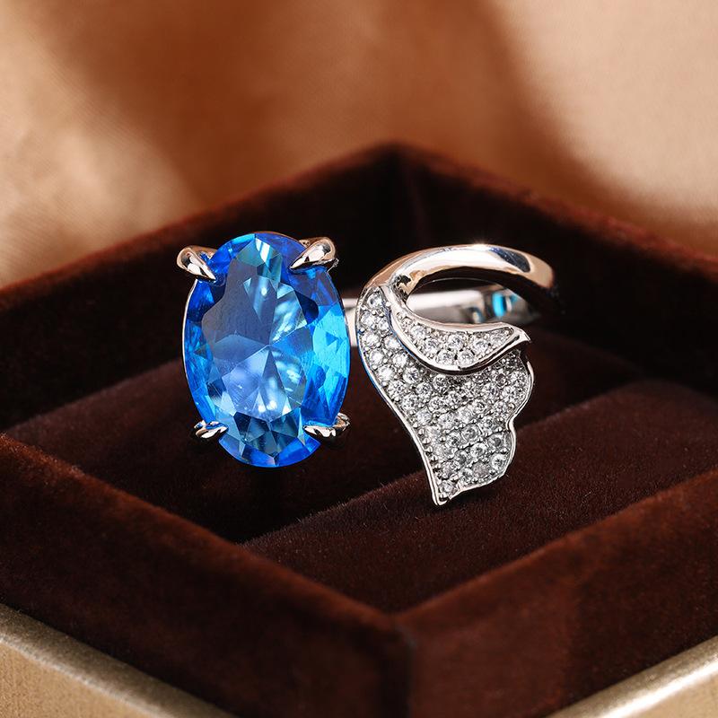 Temperament Color Treasure Water Drop Opening Ring Simulation Sapphire Ring Tanzanian Double Diamond Pear Shaped Blue Online Women S Copper