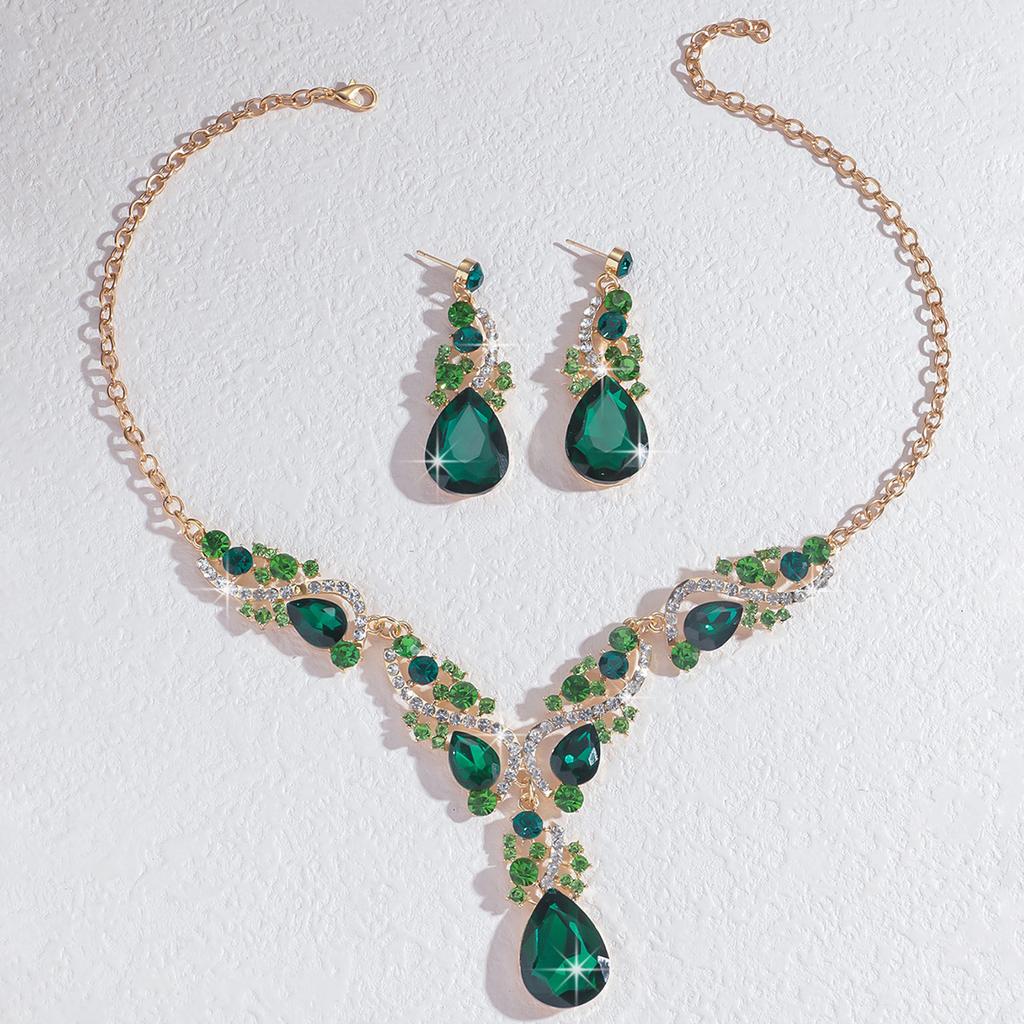 3-teiliges Damen Luxus Wassertropfen Glas Kurzes Halsketten Ohrring Set Schlüsselbein Kleid Party Accessoires Damen Halskette Zirkon Geschenke