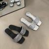 Square head open-toed solid color rhinestone thin belt low-heeled versatile fairy wearing flat-bottomed cool slippers