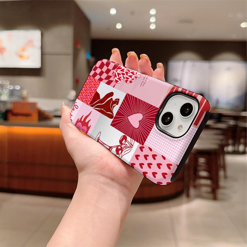 Pink Red Heart Cherry Checkered Collage Print Soft Silicone Phone Case Valentine Retro Shockproof Cover For iPhone 17 16 15 14 13 12 11 Pro Max