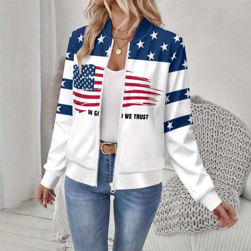Womens Casual Zip-Up Jacket With 3D Letter Print Fashion Lightweight Outerwear Daily Wear