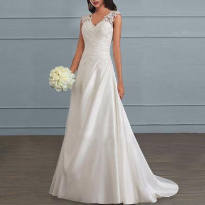 Wedding Dress for Bride Lace Applique V-Neck Sleeveless Bridal Dress Satin Formal Dress Prom