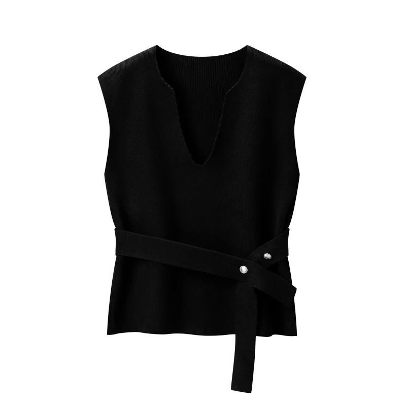 Womens V-Neck Knit Vest With Tie Waist Detail Slim Fit Layering Top 2026