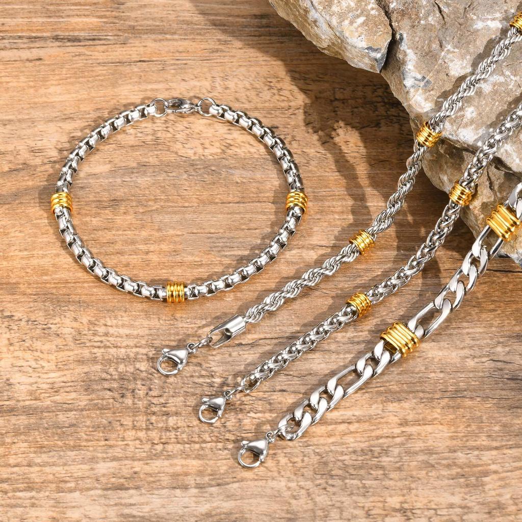 Classic Stainless Steel Btacelets for Men Boys,Silver Color Links Wristband with Gold Color Beads,Stylish Cool Jewelry Gifts