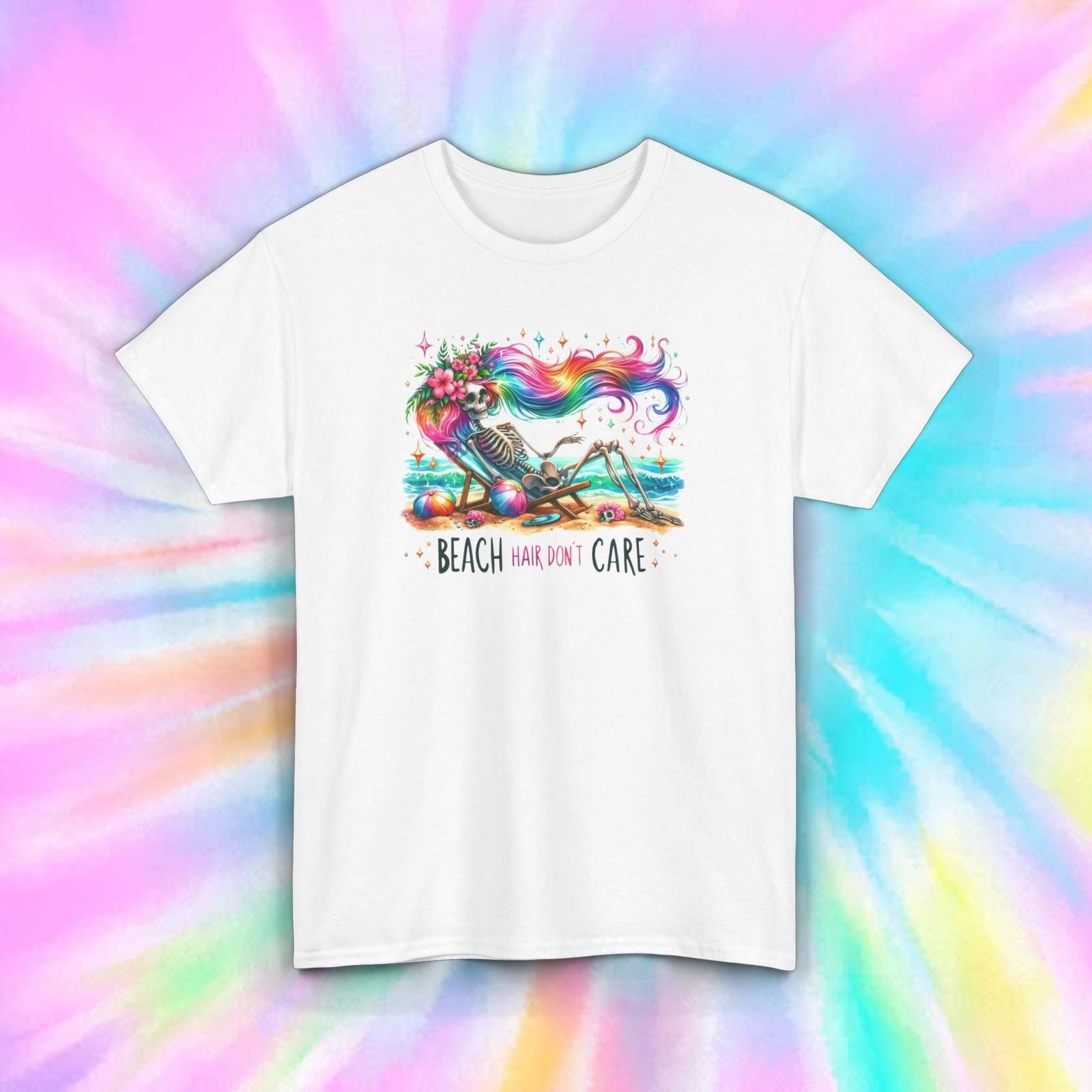 Beach Hair Don t Care Skeleton Rainbow Funny Summer Beach Gift T-Shirt Mens Womens Tees Top Tee S-5XL XL