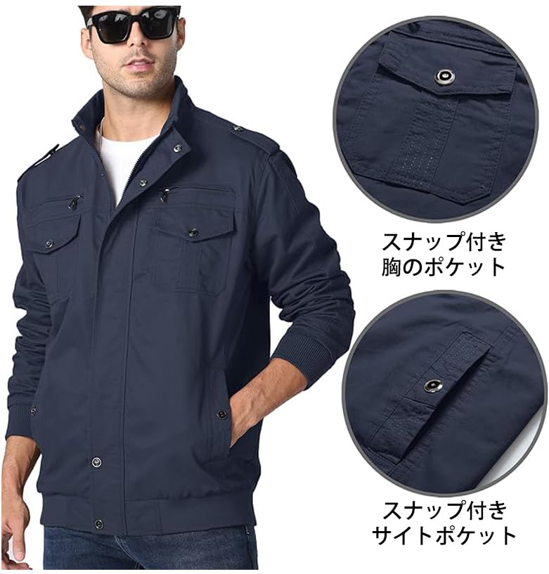 KEFITEVD Jaqueta de Inverno Casual Leve Estilosa do Exército com Tamanho Padrão Roupa de Primavera Jaqueta Masculina, Bolsos, Gola, Azul Marinho, 3XL, Roupa de Trabalho,