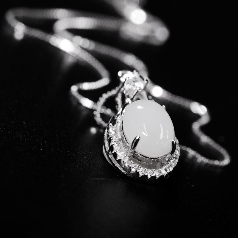 Certified Natural Hetian White Jade Pendant Necklace with 925 Sterling Silver Inlay for Women