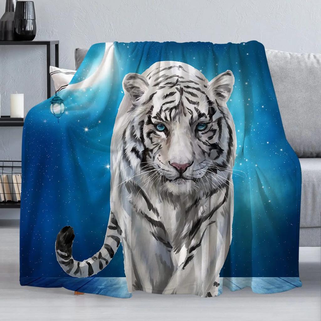 Coperta Plaid Tigre Bianco Morbida Accogliente Calda Coperta in Flanella Tigre Bianco Siberiano Sotto La Notte Stellata Blu Coperte per Divano Letto