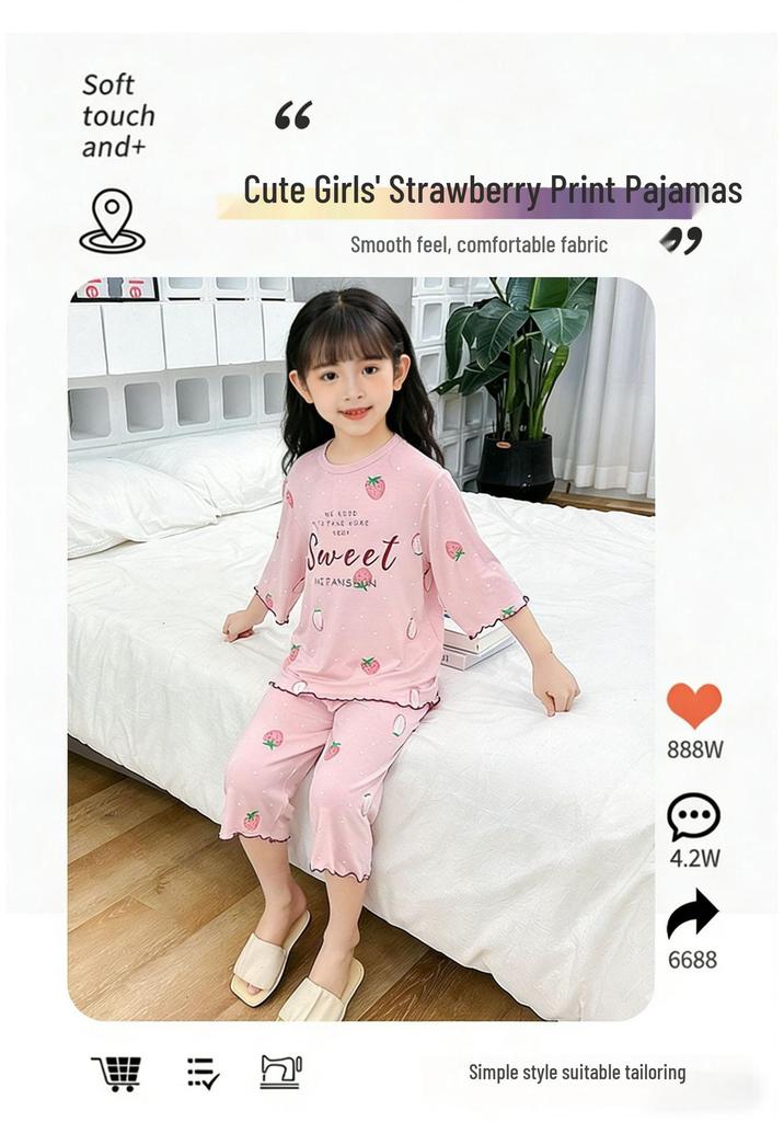 Girls' Modal Summer Pajama Set: Lightweight, Seven-Sleeve Baby Lounge Wear for Air Conditioning.