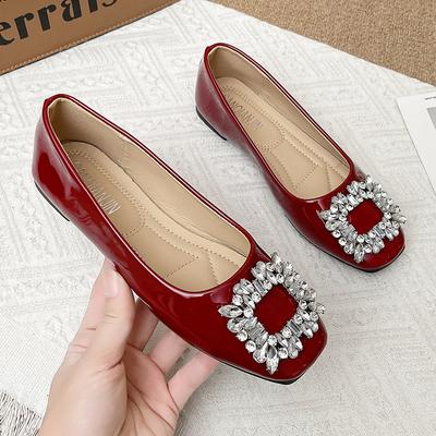 Lente Nieuwe Enkele Schoenen Damesmode Vierkante Neus Ondiep Mond Glitter Zachtzool Waterdicht Antislip Platte Schoenen