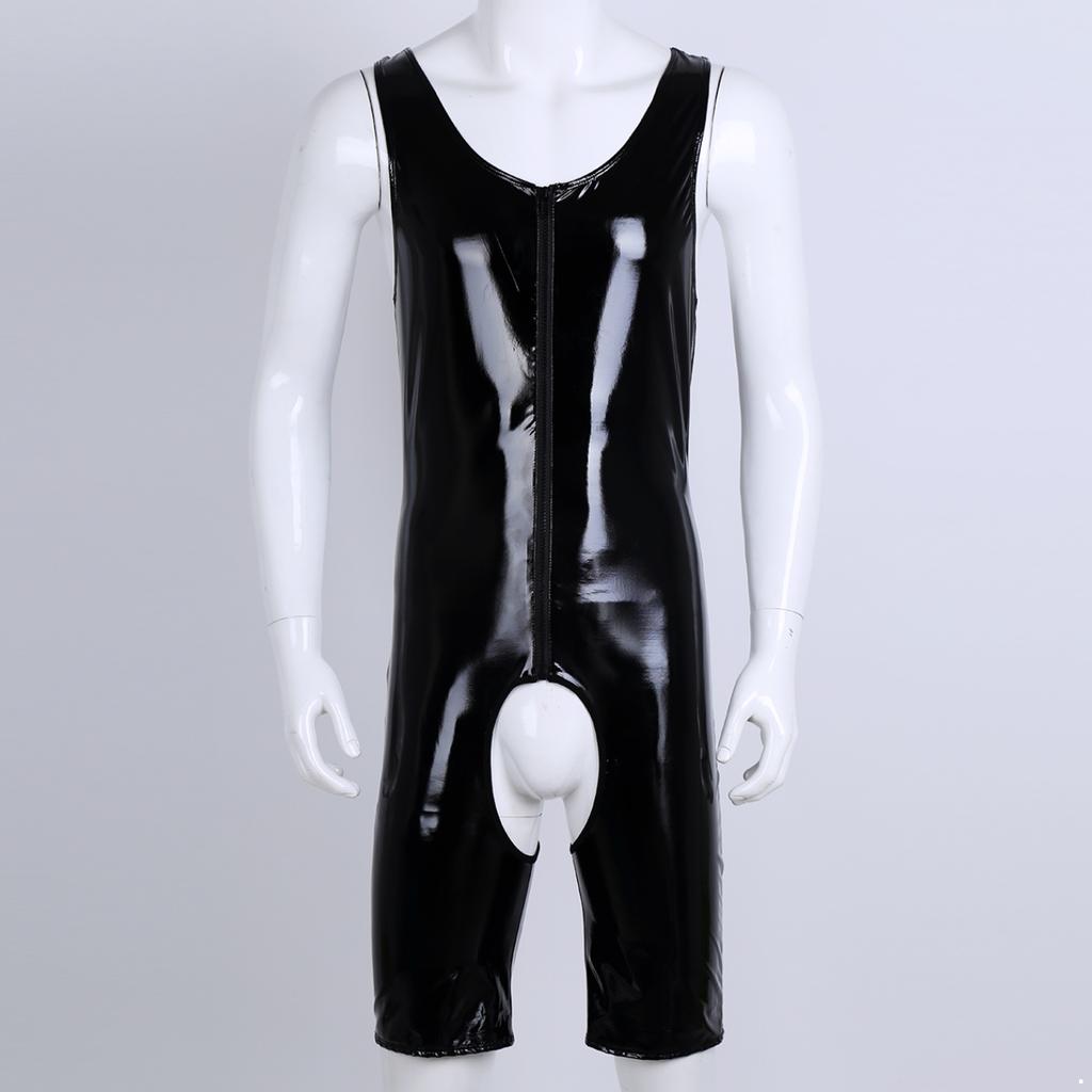 Sexy Men One-piece Tight Crotchless Underwear Shiny Leather Wrestling Singlet Jockstrap Bodysuit Swimwear