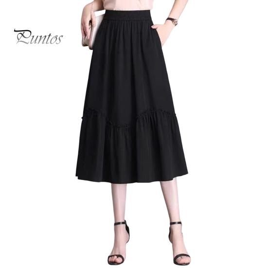 Damen Midirock, elastischer hoher Taillen-A-Linien-Langer Rock mit Taschen, einfarbig, dünner Stil, schlankmachender Designrock