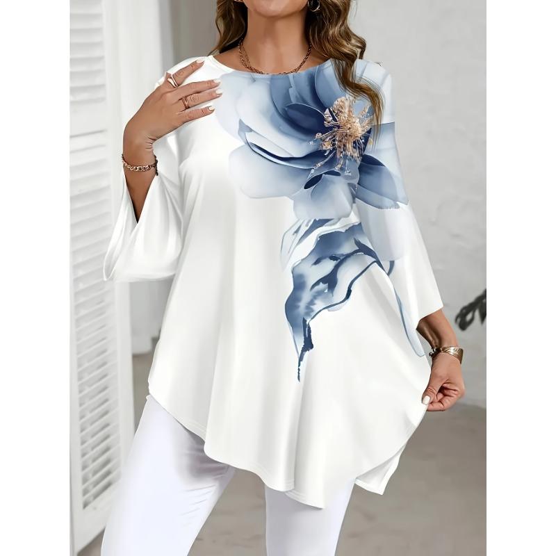 Elegantes Damen-Übergrößen-Oberteil mit Print, Rundhalsausschnitt und asymmetrischem Saum