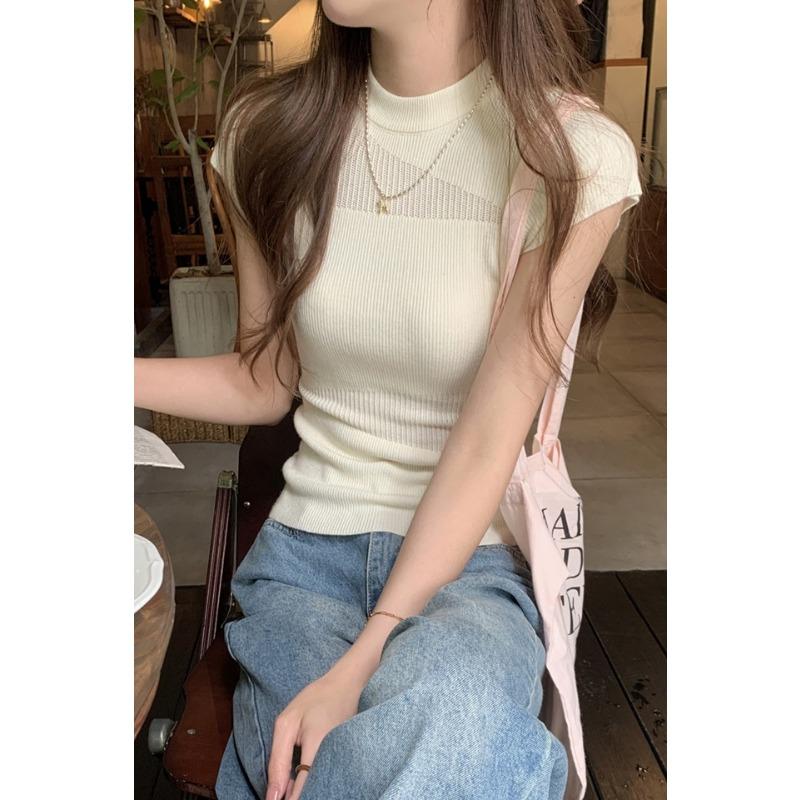 2026 Summer Knitted Short Sleeve Slim Fit Women's T-shirt New Mock Neck Fashion Casual Sweet Solid Color Hollow Elegant Top Casual Knitwear