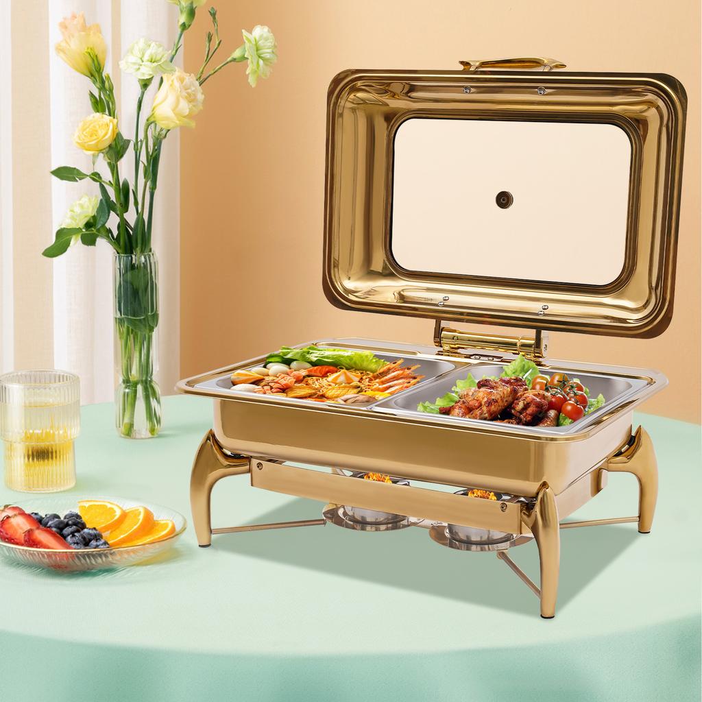 9L Gold Rectangle Dual Compartment Chafing Dish Buffet Set, Serving Plate for Kitchen & Dining - 90° Opening Angle, 58.5x44x30cm