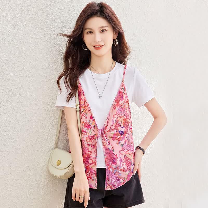 Women s Faux Two-Piece Round Neck Short Sleeve T-Shirt XL