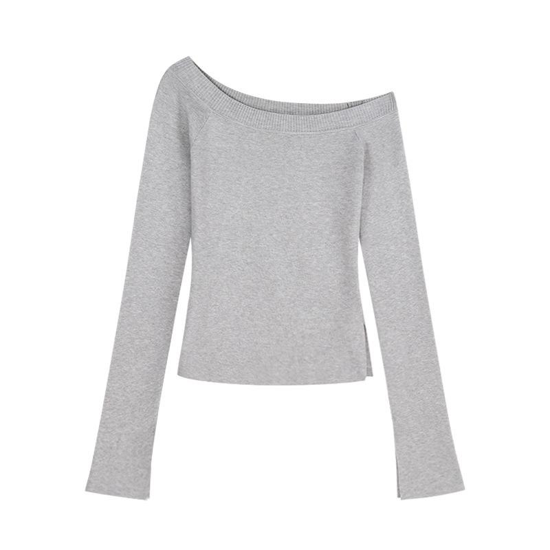 Gespalter Saum Strickpullover Damen Frühling Reiner Wunsch Stil Offene Schulter Unterhemd Diagonaler Kragen One-Shoulder Langarm Innen