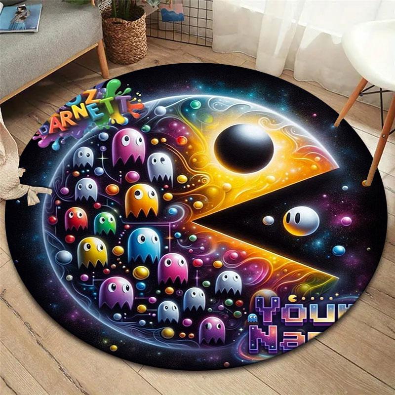 Pac-Man Custom Name Round Area Rug,Carpet Rug for Living Room Bedroom Sofa Playroom Decor,Non-slip Floor Mat