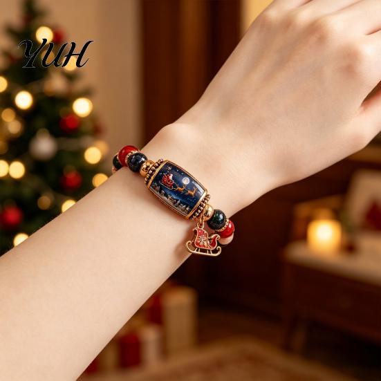 Women Christmas Bracelets Story Beaded Bracelet, Bracelet with Santa Reindeer Snowman House Candy Stretchy Cane Tree Pattern, Elastic Colorful