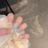 Handmade Press On Nail Europe America Blue French Style 3D Carved Flowers Diamond Short Duckbill Fake Nail Patch Artificial Nail Reusable