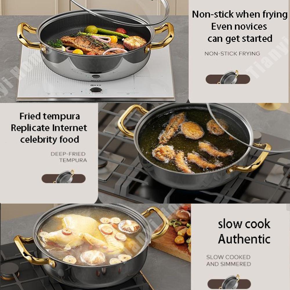 30cm Stainless Steel Soup Pot Wok Non-stick Honeycomb with lid Household Hot Pot Induction Cooker Gas Stove Universal Frying Pan