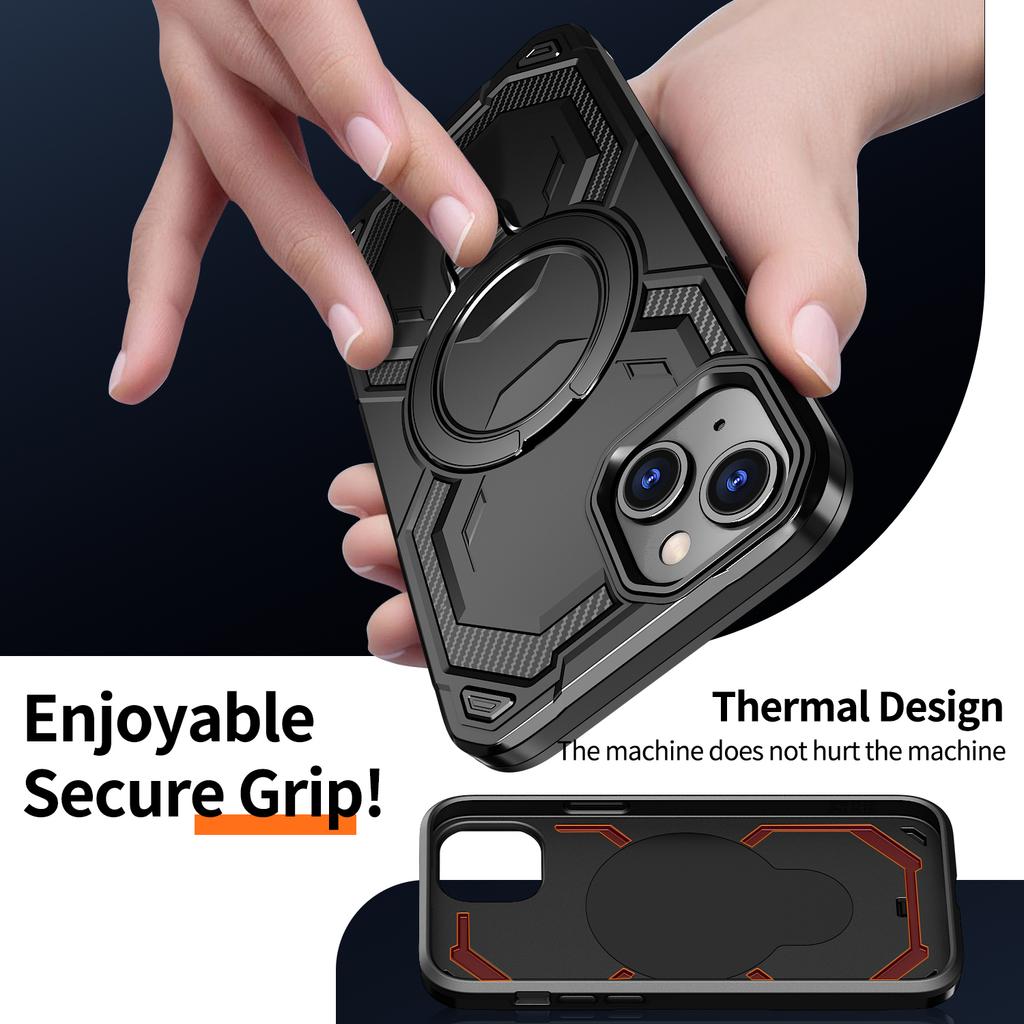Pro iPhone 14 Magnetický kryt s kroužkem a stojánkem, hybridní kryt telefonu PC + TPU