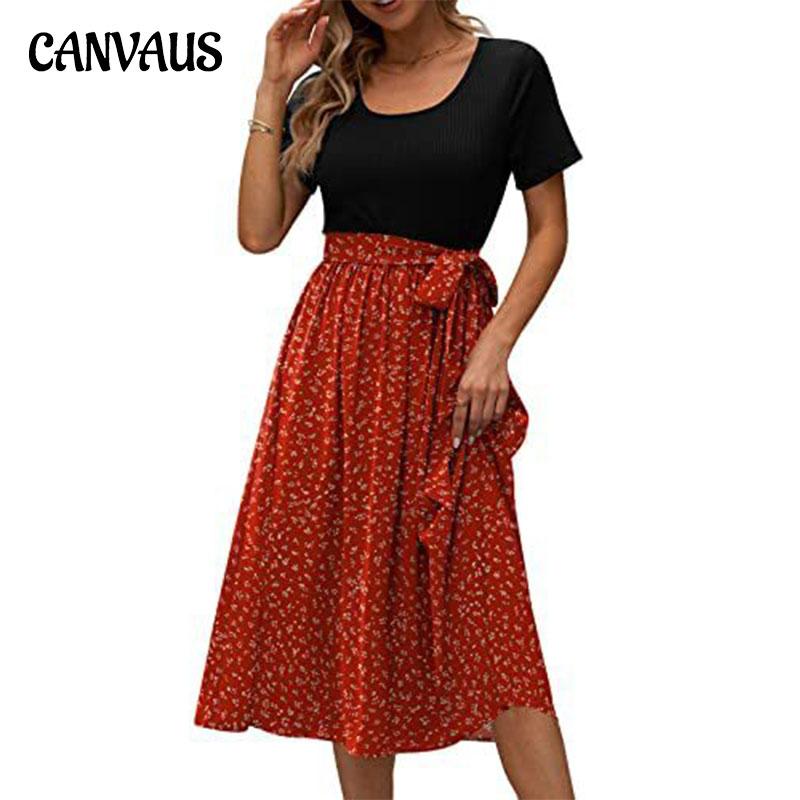 Summer Women's Dress Round Neck Splicing Lace-up Print Short-sleeved Casual Dresses