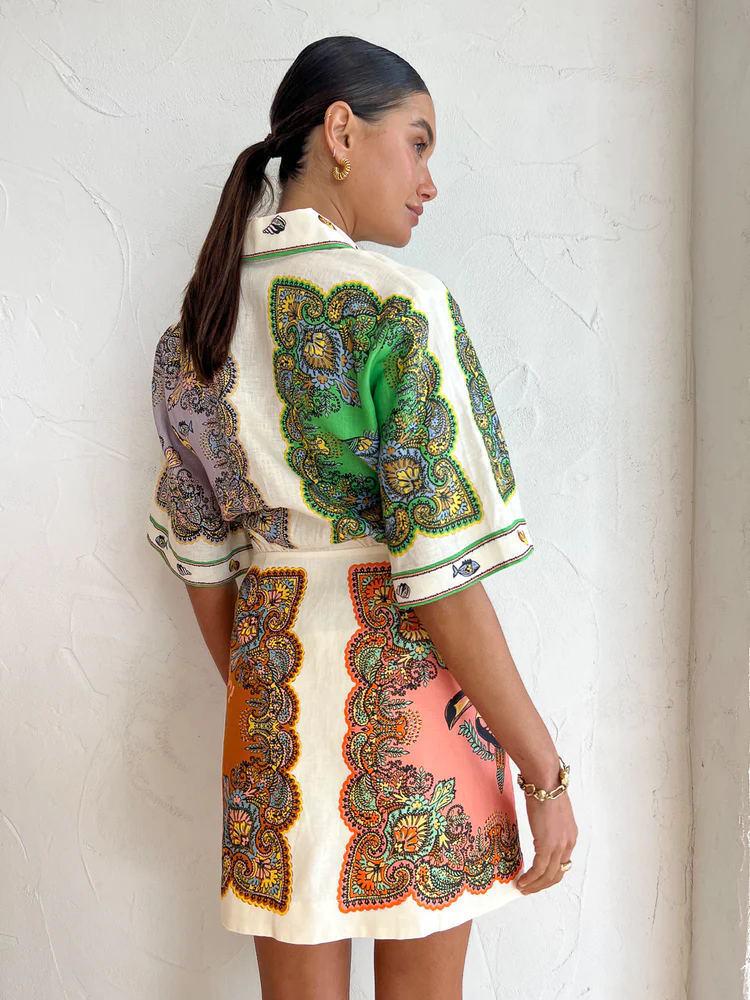 Trendy European & American Printed Cotton Linen Shirt Dress - Casual Slim Fit
