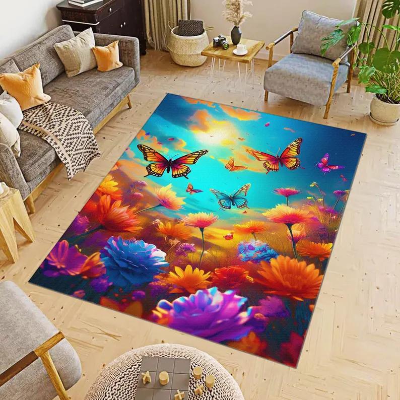 Vibrant Butterfly Garden Rug Colorful Floral Area Rug Nature Inspired Decor Carpet Home Decoration 40x60cm