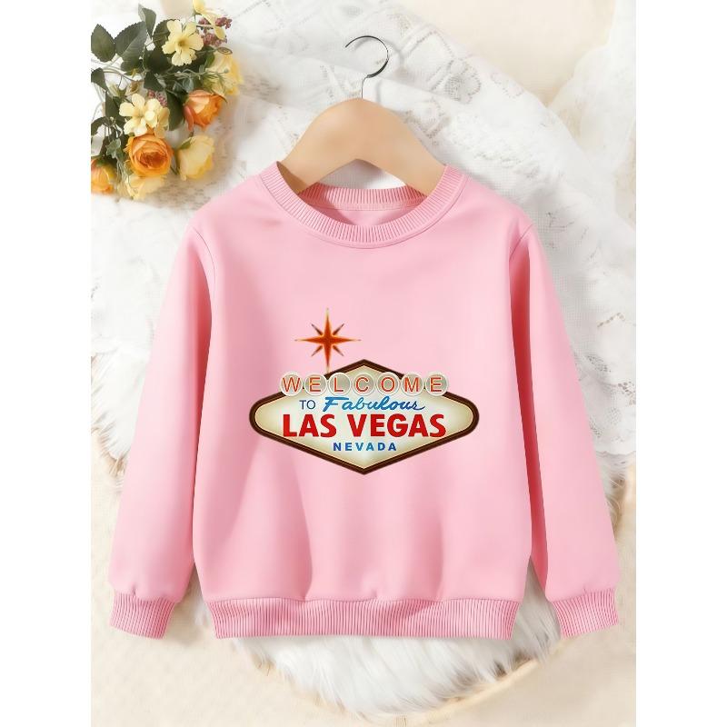 Unisex Kids Crewneck Sweatshirt, Welcome To Las Vegas Sign Print Pullover, Boys Girls Vintage Travel Casual Sweatshirt For Kids Over 4 Years Old