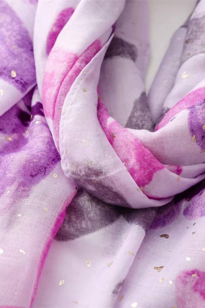 Purple and Pink Shawl with Flowers and Particles - Light and Feminine, 180x90