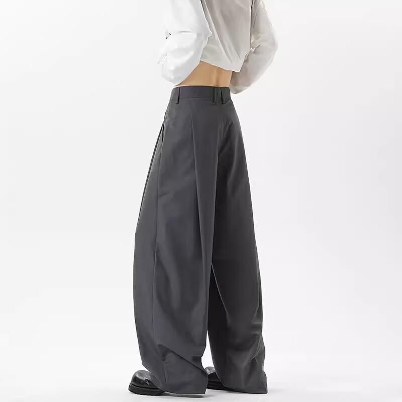 QOTRIOCK American Style Pleated Loose Straight Casual Trousers