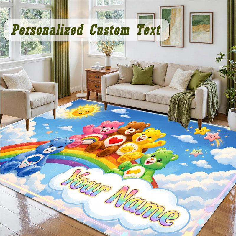 Crystal Velvet Square Rug Custom NameCare Bears Pattern Non Slip Home Floor Decor Rug