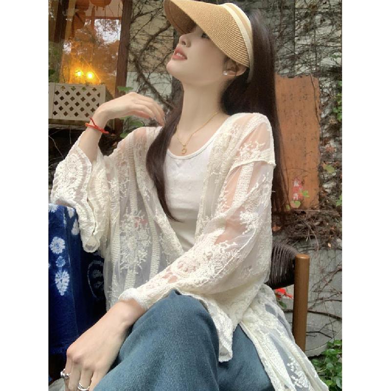 New crochet embroidered lace shirt for women, summer vacation style, seaside sun protection coat, sheer long coat