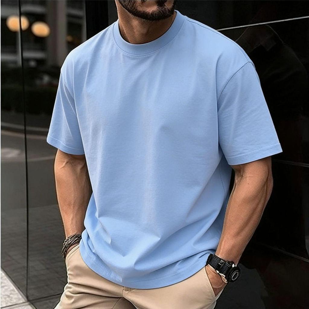 Men's Oversized Round Neck Logo T-Shirt - Solid Color, Drop Shoulder, Pure Cotton, European Size 200g