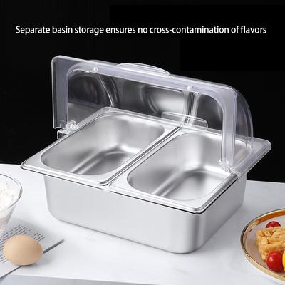 Stainless Steel 2 Compartment Buffet Tray with Clear Roll Top Lid for Restaurant Condiment Dispenser Food Display Pan