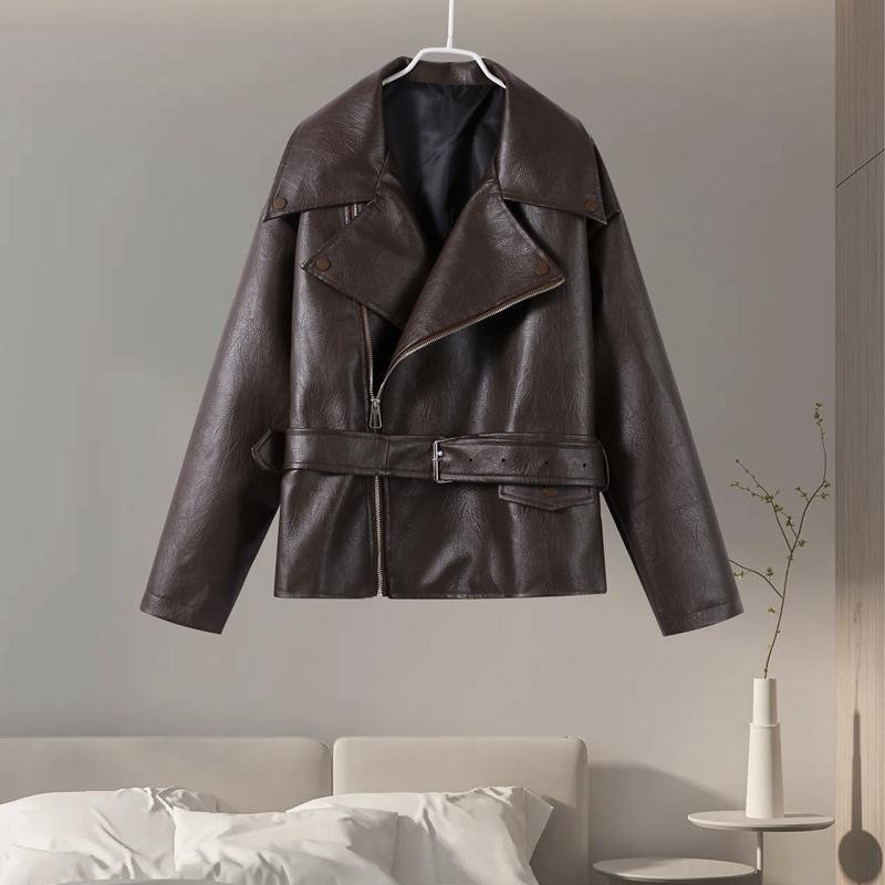 Zipper Lapel Lace-up Loose Leather Jacket Women's Motorcycle Style Short Jacket Fashion Streetwear Autumn 2025