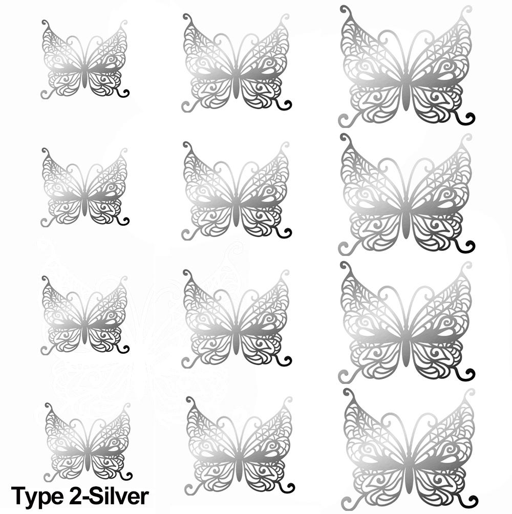 12Pcs/Pack 3D Hollow Out Butterfly Stickers Gold/Silver/Rosegold Mirror Decals Metal Texture Wall Art Wedding Party Supplies