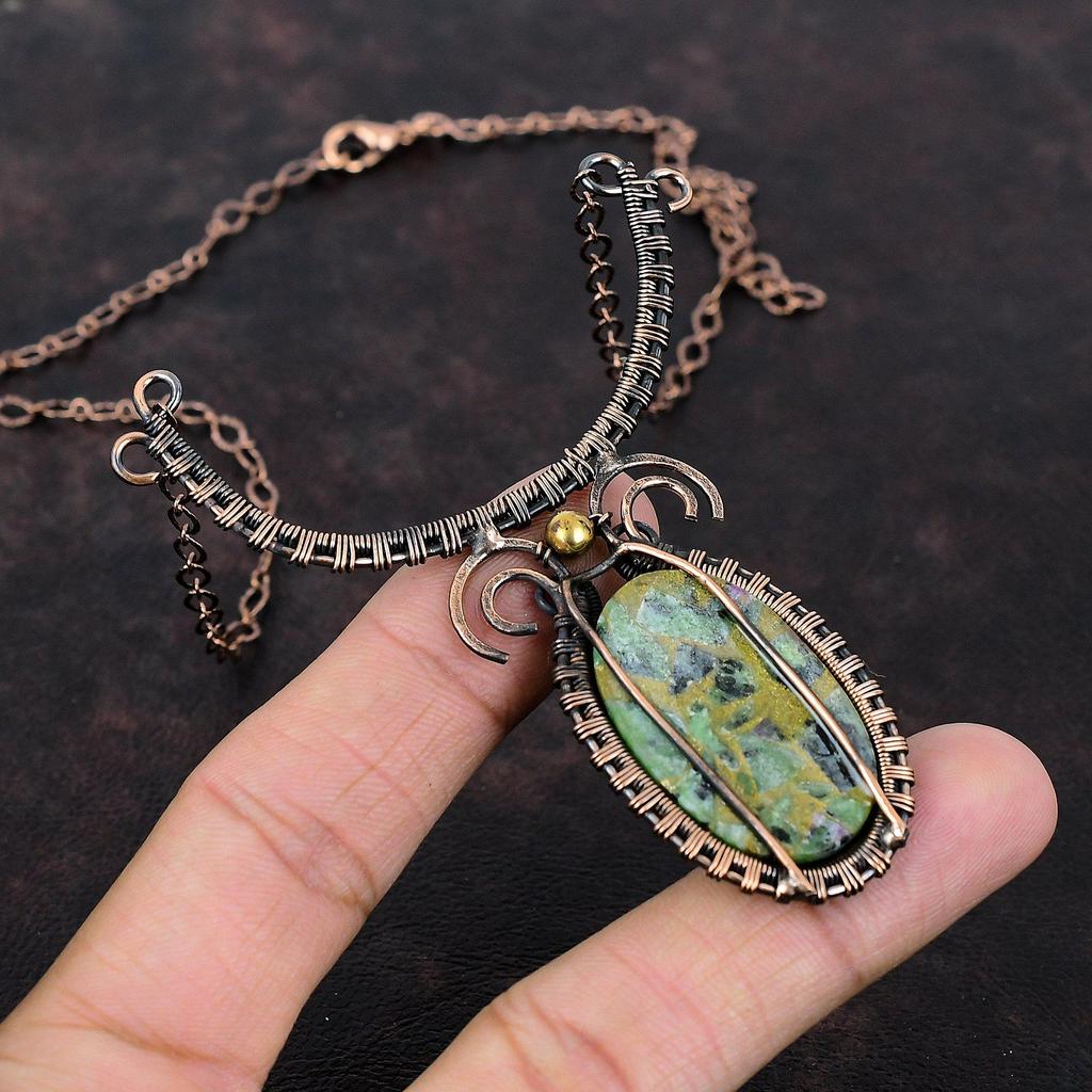 Copper Ruby Zoisite Necklace Copper Wire Wrapped Necklace Gemstone Jewelry Handmade Adjustable Necklace Antique Copper Jewelry Wedding Gift