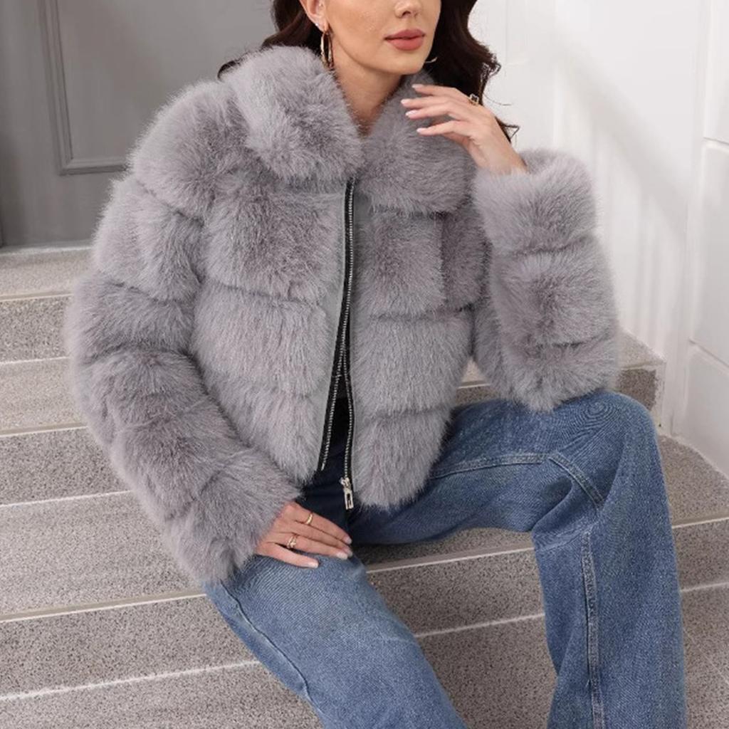 Women's Fashionable Warm Long Sleeve  Solid Color Furry Collar Coat
