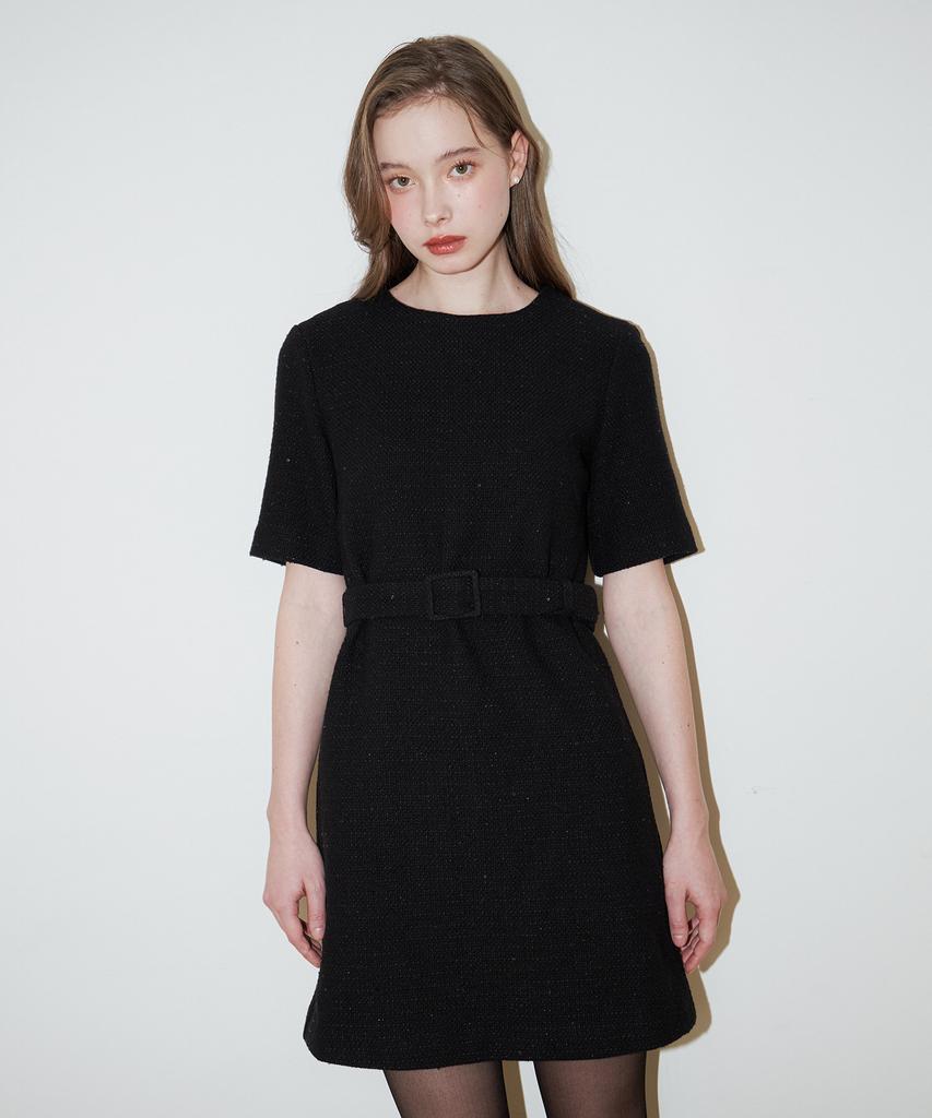 VEM.VER Belted Half Sleeve Tweed Dress_Black
