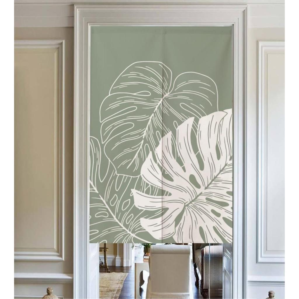 Leverde Noren Vorhang mit Spannstange, Lang 150 × 80, Dickes Botanisches Blattmuster, Grün (Design 3)