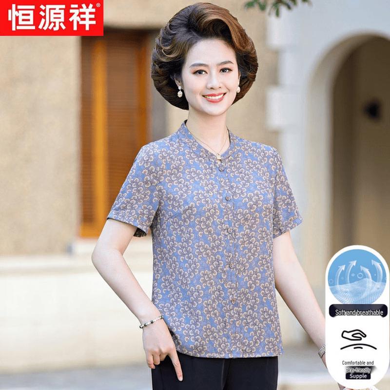 Women s Middle-Aged Floral Short Sleeve Blouse 4XL