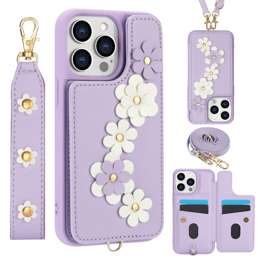 3IN1 Crossbody Rope Wrist Strap Flowers Leather Wallet Phone Case For iPhone 15 11 12 13 14 16 Pro Max X XR XS 7 8 Plus SE Cover