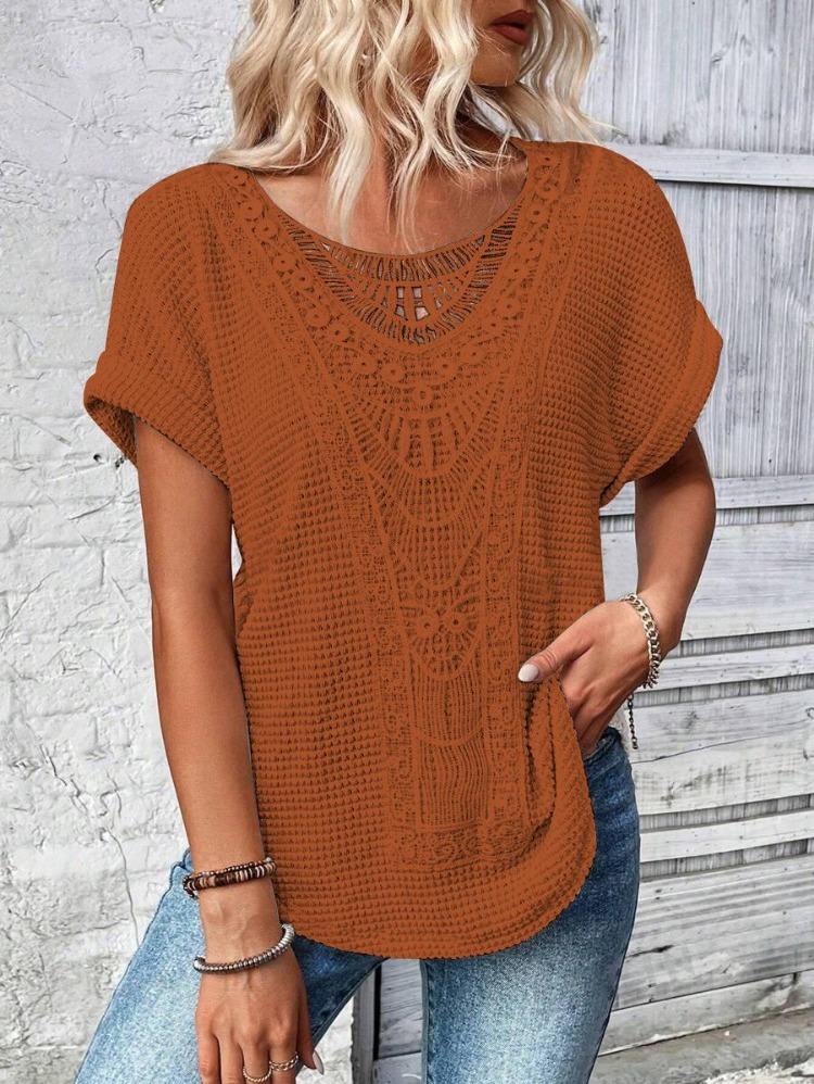 Wiosna Lato Damska Moda T-Shirt Europejski Amerykański Modny Kolekcja Krótki Rękaw Koronkowe Szycie