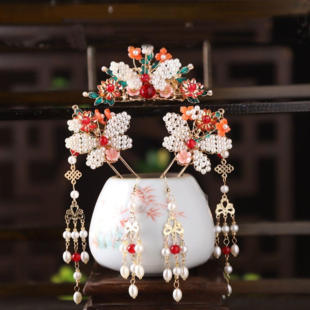 Pearl Chinese Style Hairpin Set Flower Butterfly Hair Comb Retro Hanfu Hair Stick  Cheongsam