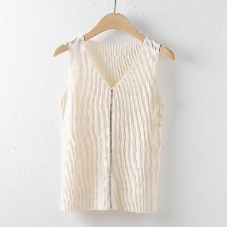 Ice Silk Suspender Tank Top Women's Bottom Coat Summer Short Loose Sleeveless White V-neck Knitted Casual Top