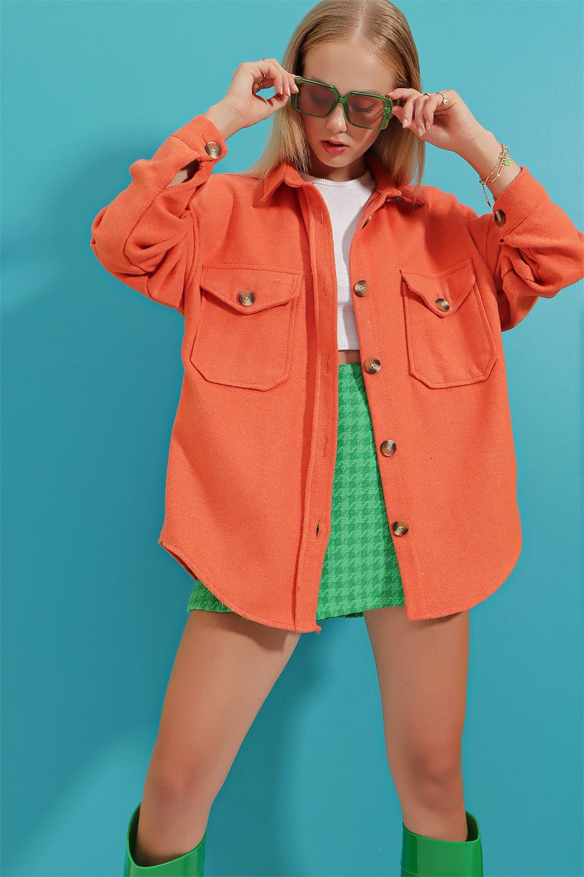 

Женская оранжевая хлопковая рубашка оверсайз Cachet ALC-X7143..