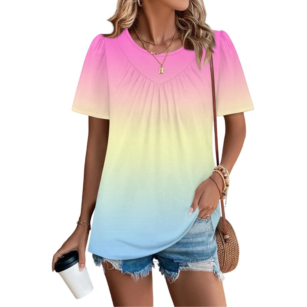 Lässiges Damen-T-Shirt mit Rundhalsausschnitt, Farbverlauf-Print, Falten und kurzen Ärmeln